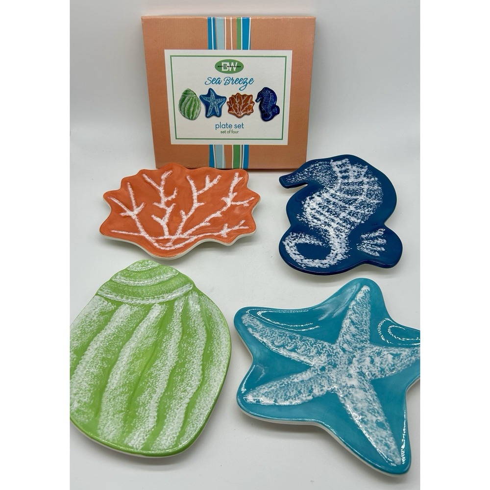 Nautical Ceramic Shell Dessert Appetizer Plate Dish Set of 4 Boston Warehouse EX
